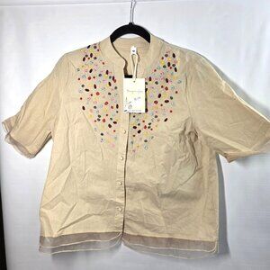 Beige Embroidered Button-Up Blouse PLus Size 2XL‎ Sheer Organza Hem Short Sleeve